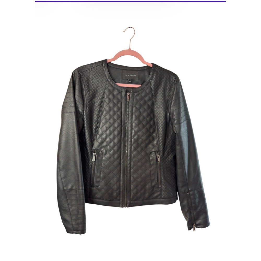 Harve Benard Womens Black Quilted Faux Leather Moto Jacket Collarless Size L